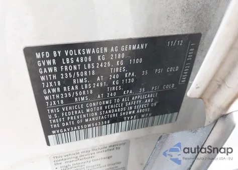 2013 Volkswagen Tiguan Se from USA, damaged, VIN WVGAV3AX5DW563398